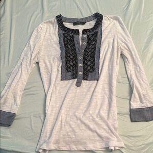 Gray and White 3/4 Sleeve Embellished Blouse with Bib Collar